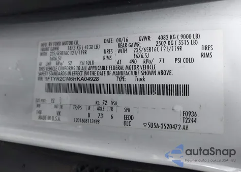 2017 Ford Transit-250 from USA, damaged, VIN 1FTYR2CM6HKA04928